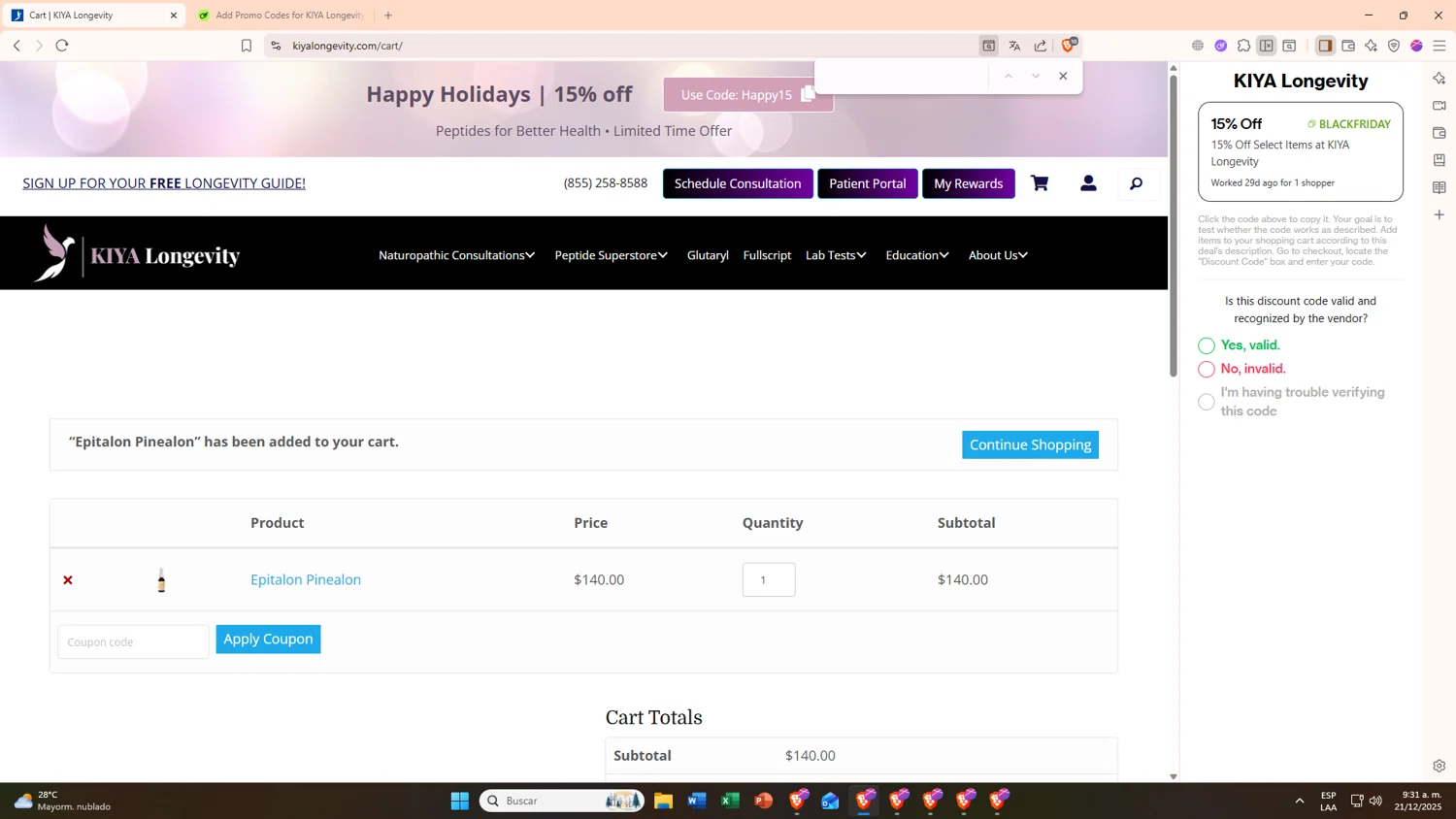 KIYA Longevity promo code screenshot showing code Happy15 applied at KIYA Longevity checkout page. Uploaded by SimplyCodes community member FrugalMaverick6013 on Dec 21, 2025