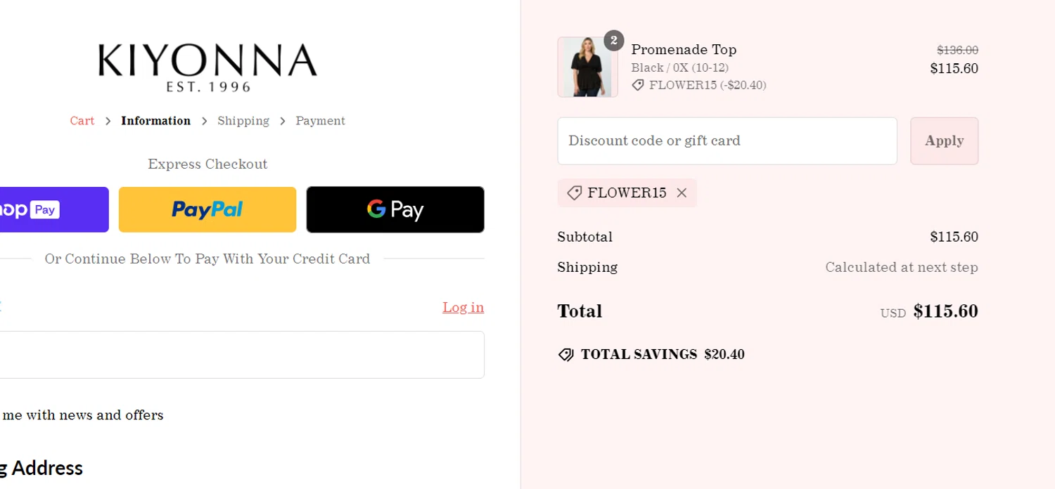 where to use Kiyonna promo code box