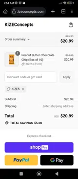 Kize Concepts coupon verification screenshot