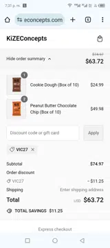 Kize Concepts coupon verification screenshot