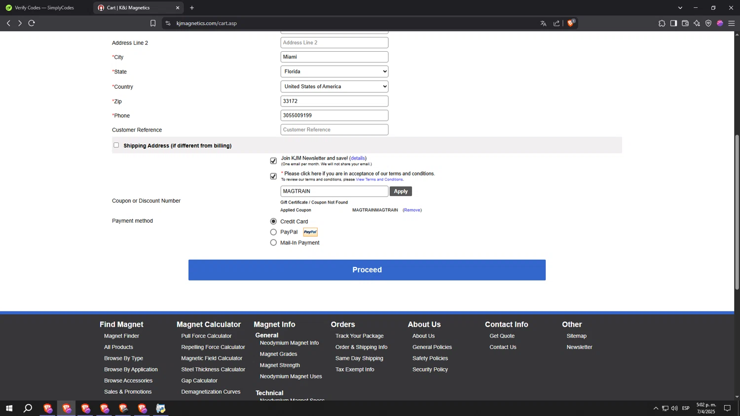 K&J Magnetics checkout page showing K&J Magnetics discount code box | Screenshot taken by SimplyCodes community member on Apr 7, 2025