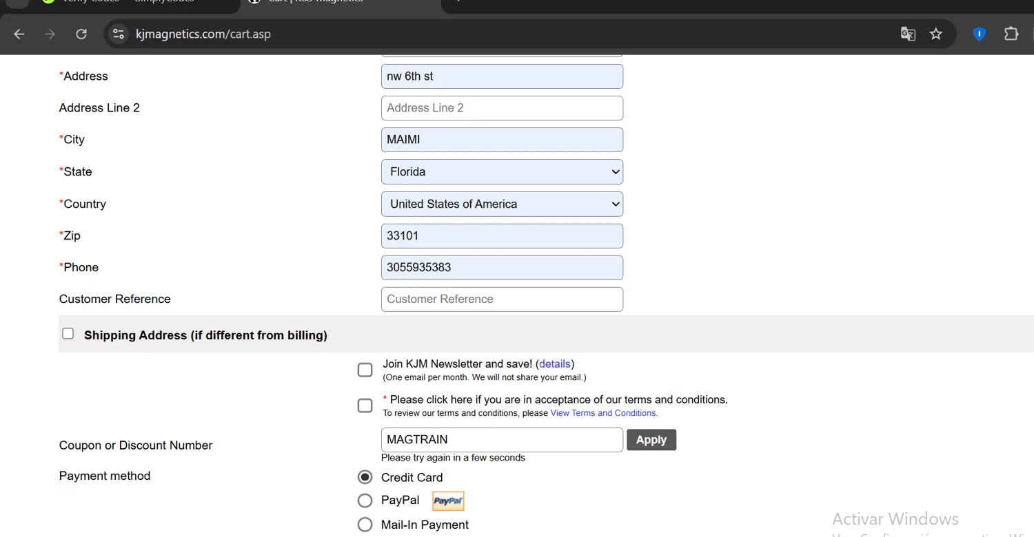 K&J Magnetics discount code screenshot showing code MAGTRAIN applied at K&J Magnetics checkout page. Uploaded by SimplyCodes community member PennyCaptain4684 on Apr 25, 2025