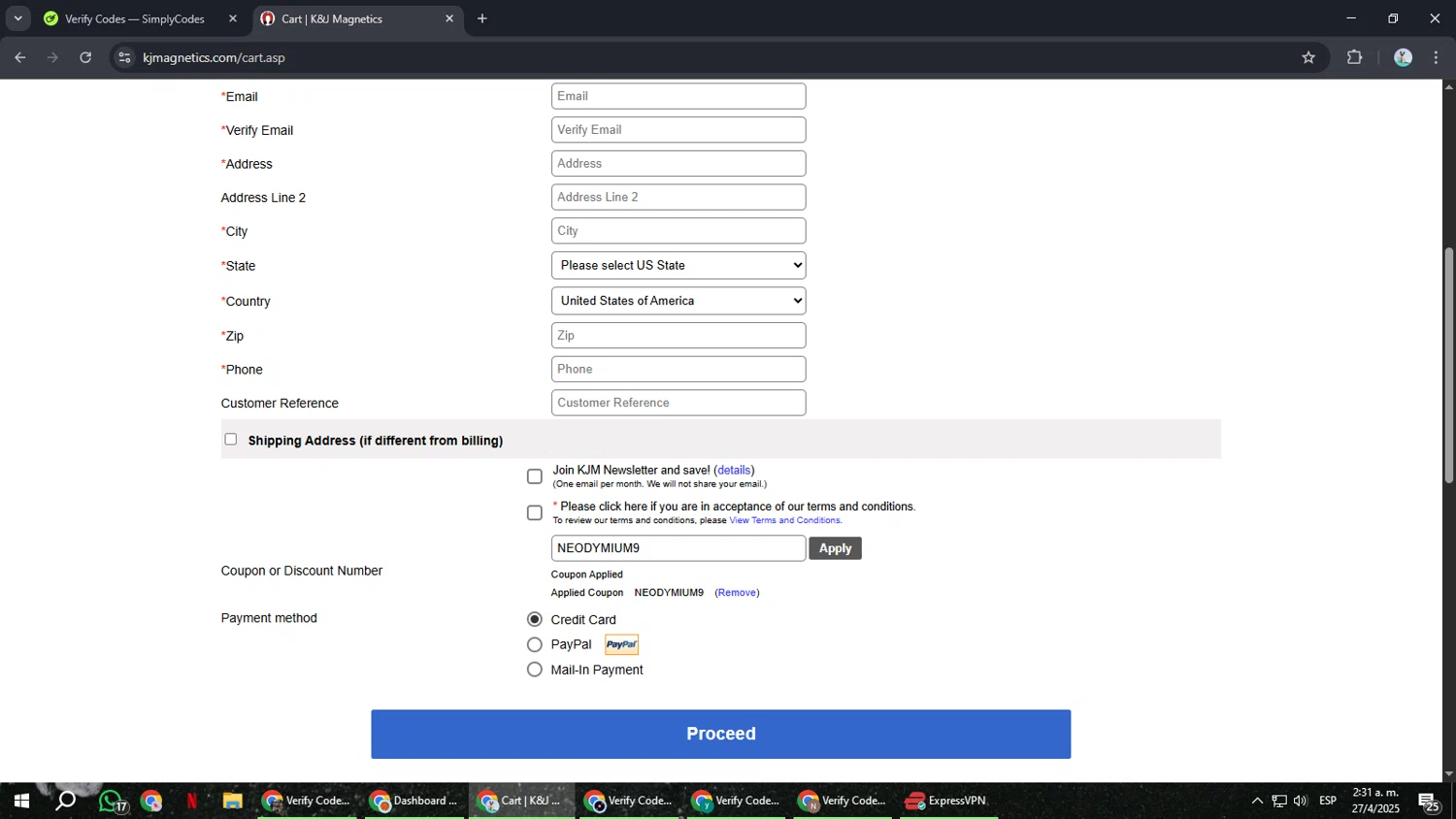 K&J Magnetics checkout page showing K&J Magnetics discount code box | Screenshot taken by SimplyCodes community member on Apr 27, 2025