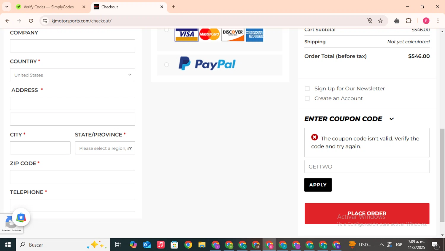 KJ Motorsports coupon code screenshot showing code GETTWO applied at KJ Motorsports checkout page. Uploaded by SimplyCodes community member CouponHero7312 on Feb 11, 2025
