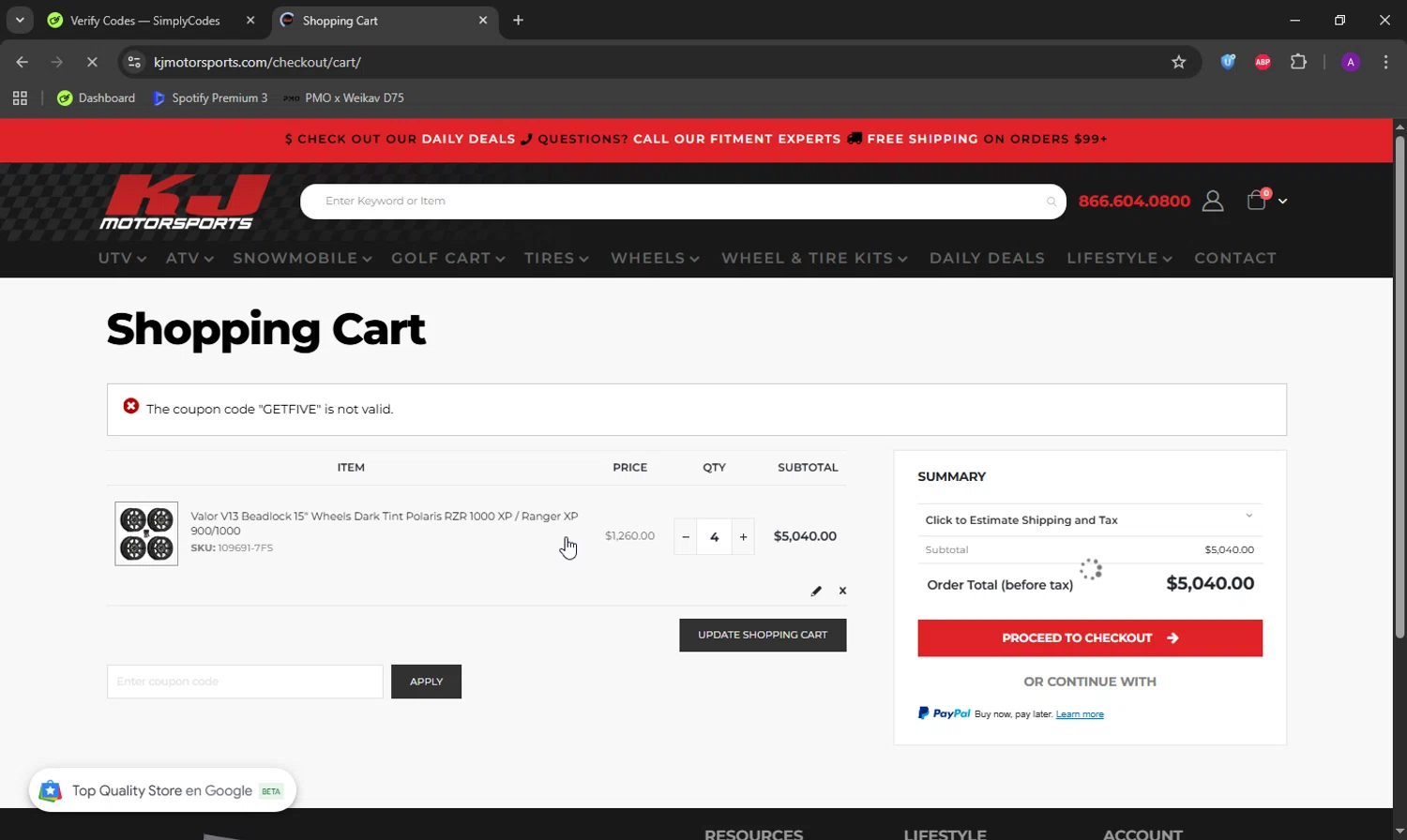 KJ Motorsports coupon code screenshot showing code GETFIVE applied at KJ Motorsports checkout page. Uploaded by SimplyCodes community member DeathBone on Aug 23, 2025