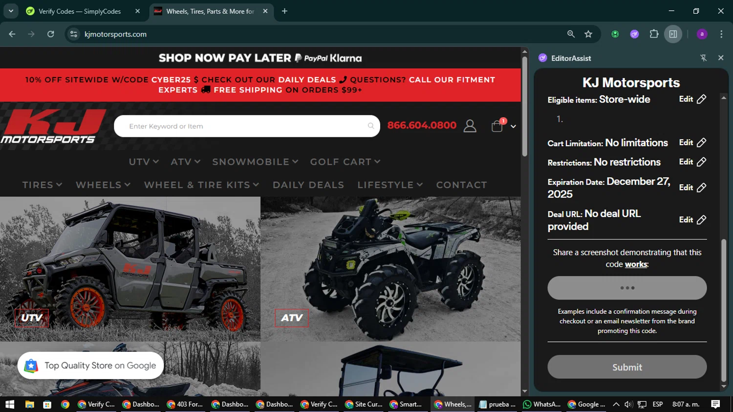 KJ Motorsports checkout page showing KJ Motorsports coupon code box | Screenshot taken by SimplyCodes community member on Nov 27, 2025