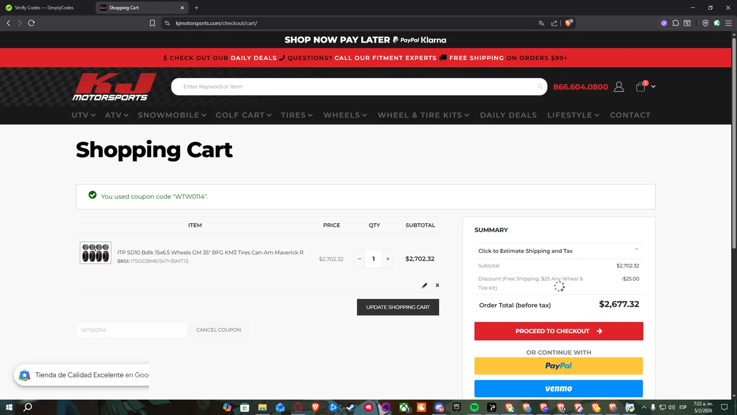 KJ Motorsports coupon code screenshot showing code WTW0114 applied at KJ Motorsports checkout page. Uploaded by SimplyCodes community member Nulo0000 on Feb 5, 2026