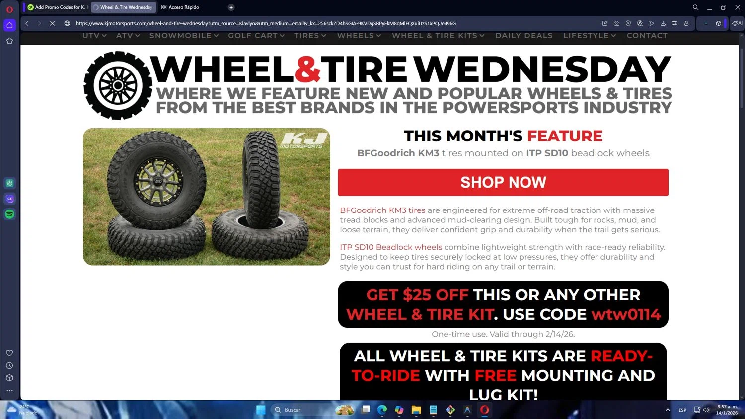 KJ Motorsports coupon code screenshot showing code WTW0114 applied at KJ Motorsports checkout page. Uploaded by SimplyCodes community member Mdeoca on Jan 14, 2026