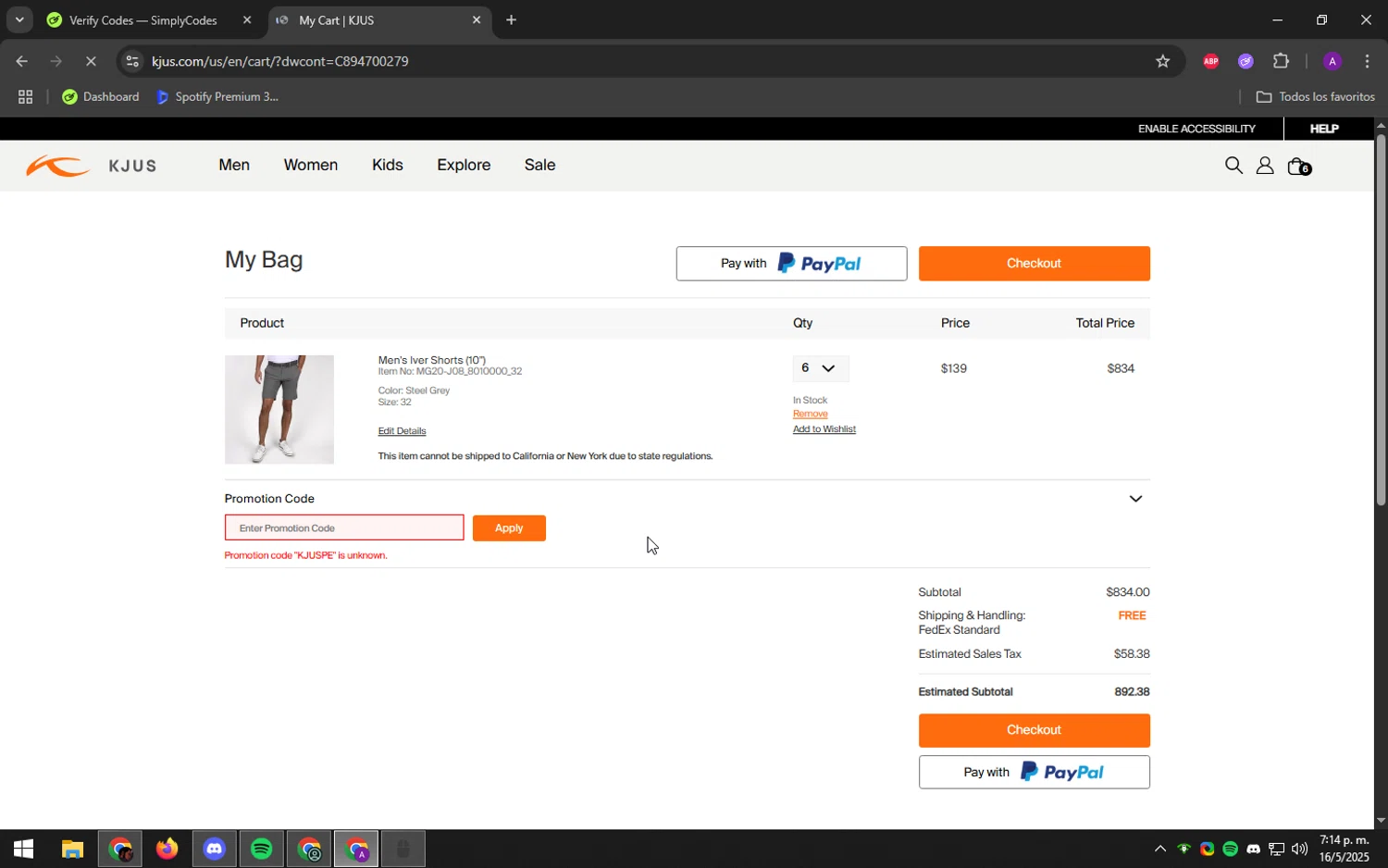 Kjus promo code screenshot showing code KJUSPE applied at Kjus checkout page. Uploaded by SimplyCodes community member DeathBone on May 16, 2025