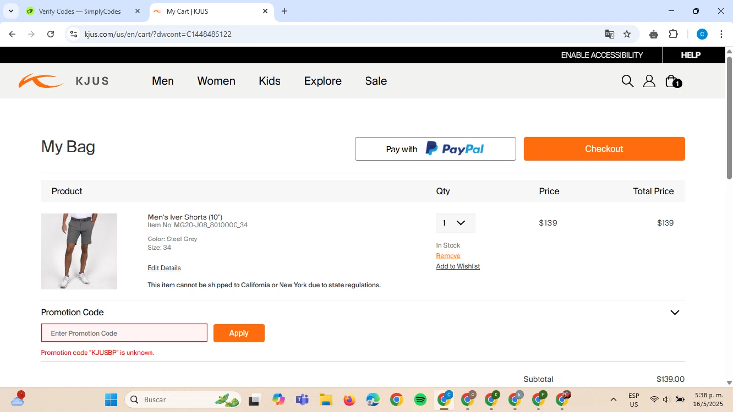 Kjus promo code screenshot showing code KJUSBP applied at Kjus checkout page. Uploaded by SimplyCodes community member ScanAce2966 on May 16, 2025