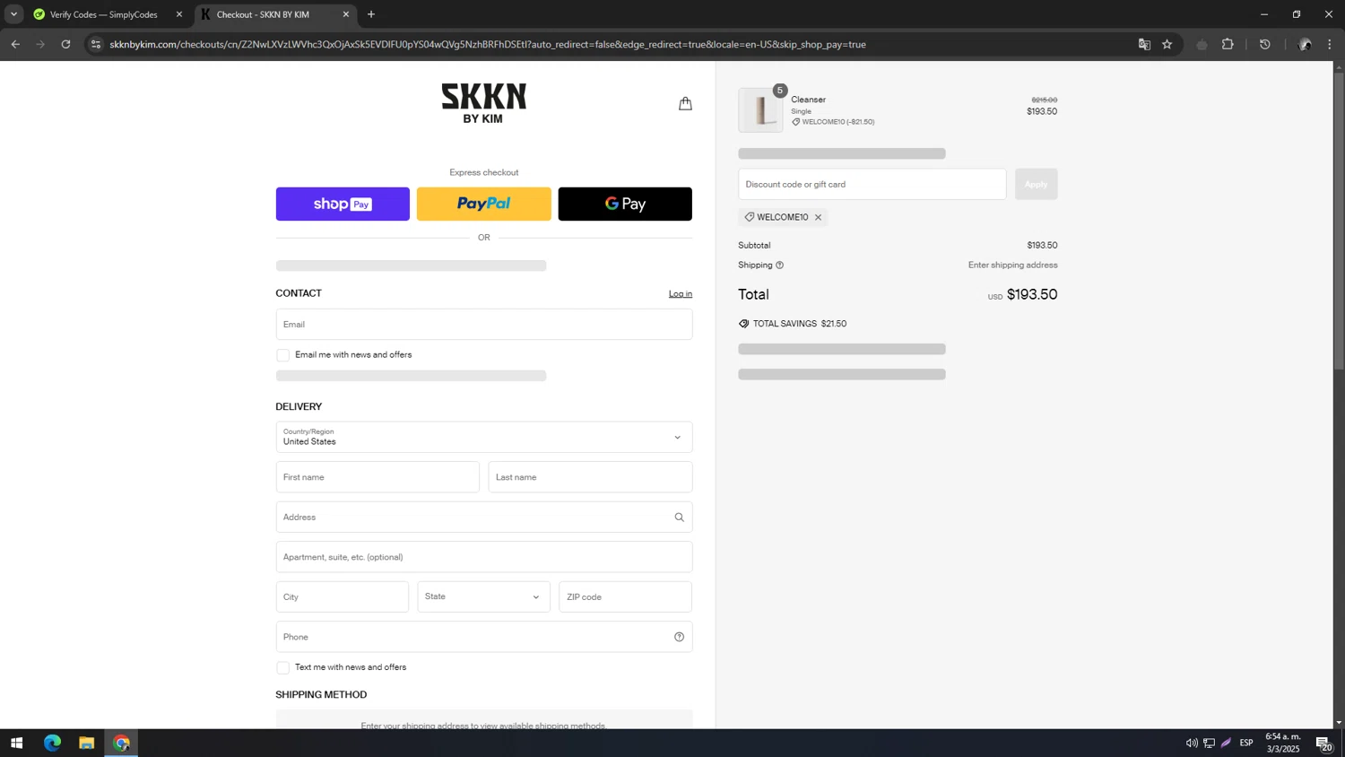 KKW Beauty promo code screenshot showing code WELCOME10 applied at KKW Beauty checkout page. Uploaded by SimplyCodes community member ELMARRON on Mar 3, 2025