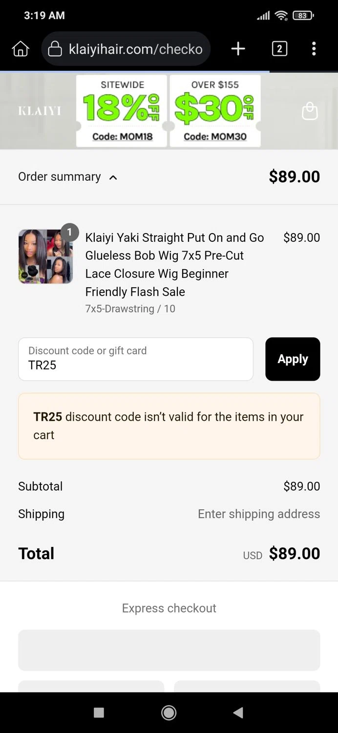 Klaiyi Hair coupon code screenshot showing code TR25 applied at Klaiyi Hair checkout page. Uploaded by SimplyCodes community member eduardolopez on May 8, 2025