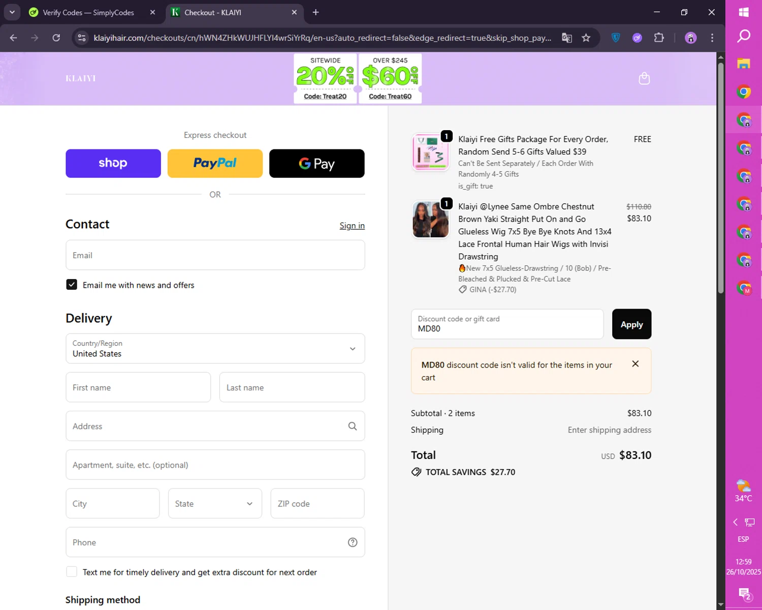 Klaiyi Hair coupon code screenshot showing code MD80 applied at Klaiyi Hair checkout page. Uploaded by SimplyCodes community member SmartLion1183 on Oct 26, 2025