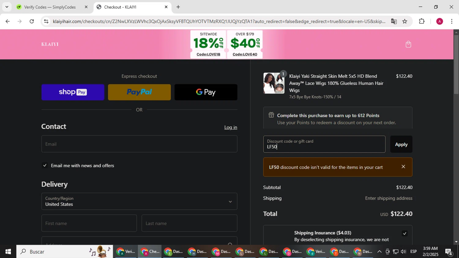 Klaiyi Hair coupon code screenshot showing code LF50 applied at Klaiyi Hair checkout page. Uploaded by SimplyCodes community member BMWGS1200 on Feb 2, 2025