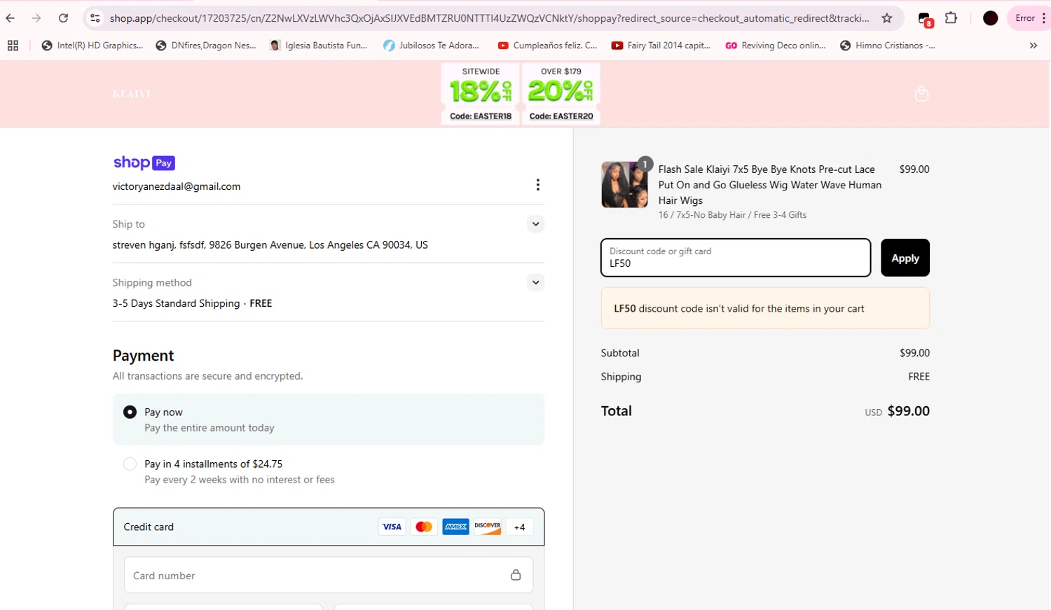 Klaiyi Hair coupon code screenshot showing code LF50 applied at Klaiyi Hair checkout page. Uploaded by SimplyCodes community member BitPay on Apr 15, 2025