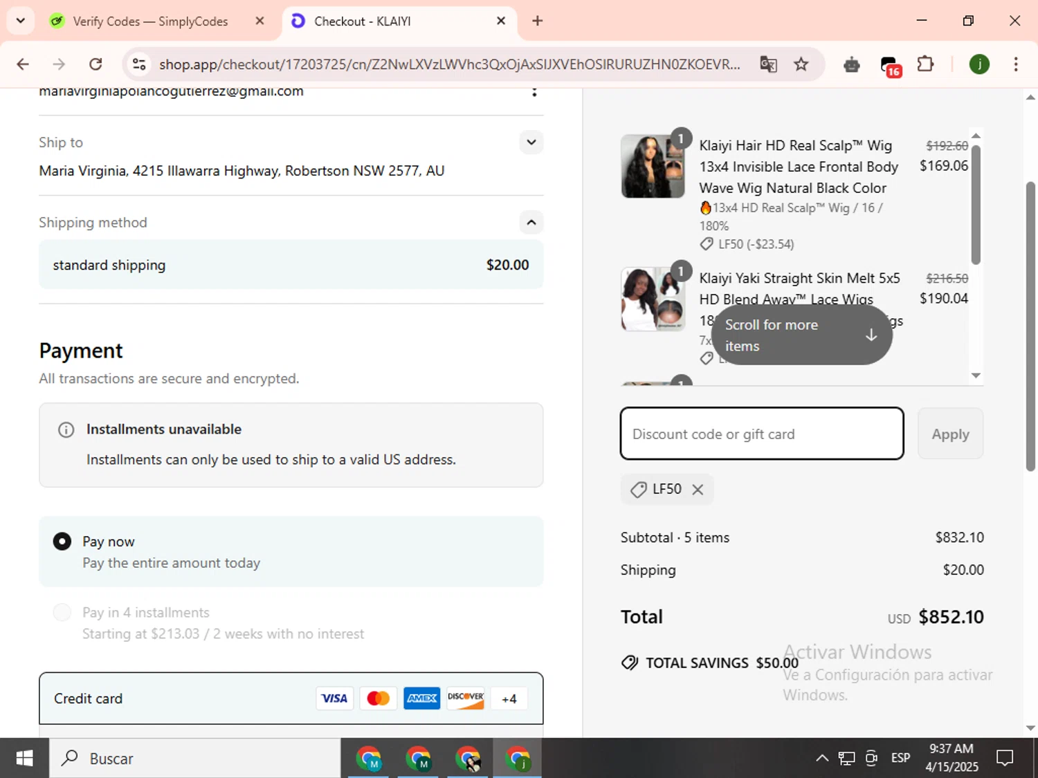 Klaiyi Hair coupon code screenshot showing code LF50 applied at Klaiyi Hair checkout page. Uploaded by SimplyCodes community member SavingsCollector2592 on Apr 15, 2025