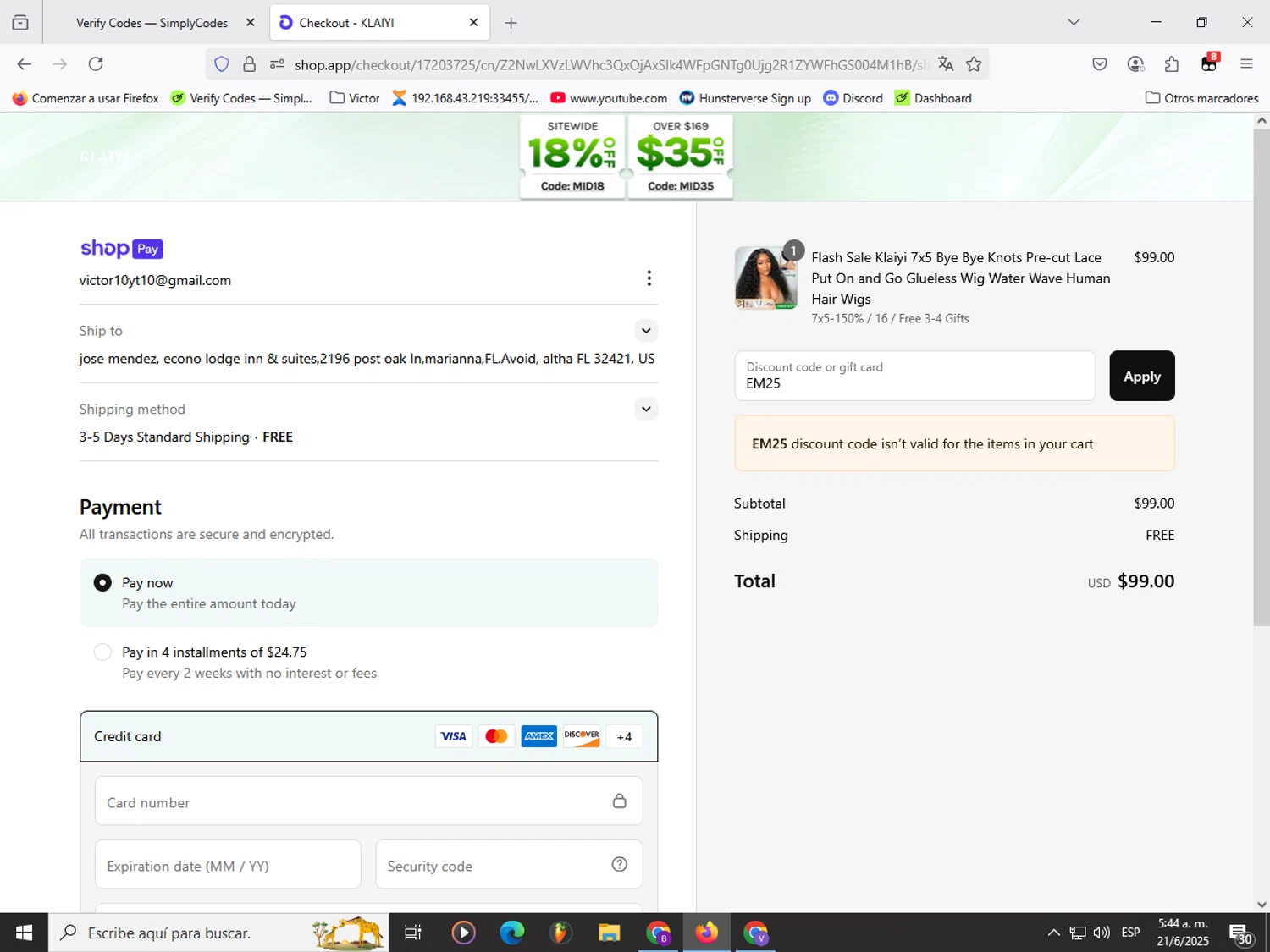 Klaiyi Hair coupon code screenshot showing code EM25 applied at Klaiyi Hair checkout page. Uploaded by SimplyCodes community member Garou_Y2K on Jun 21, 2025