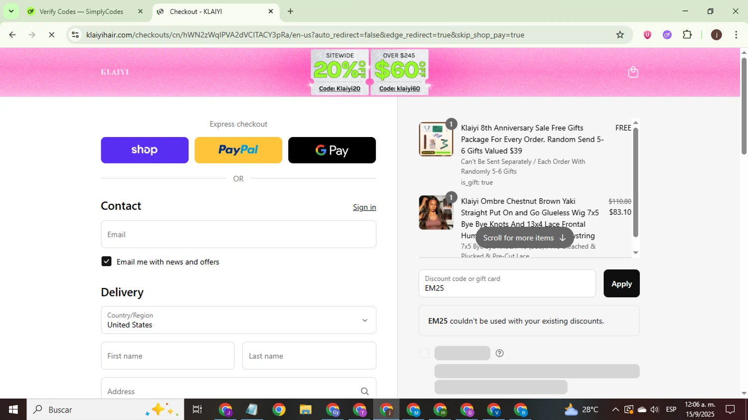 Klaiyi Hair coupon code screenshot showing code EM25 applied at Klaiyi Hair checkout page. Uploaded by SimplyCodes community member WonderEagle9833 on Sep 15, 2025