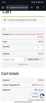 klappskin10% coupon verification screenshot