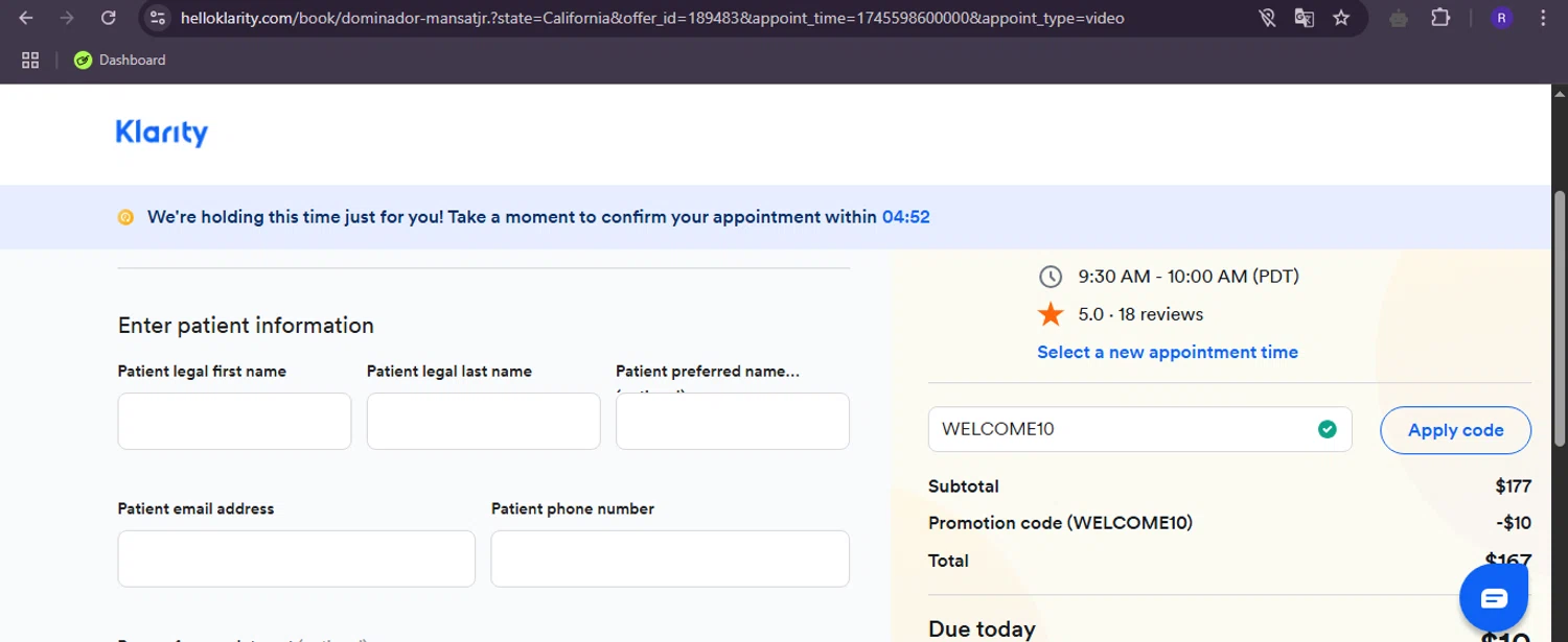 Klarity Health checkout page showing Klarity Health coupon code box | Screenshot taken by SimplyCodes community member on Apr 18, 2025