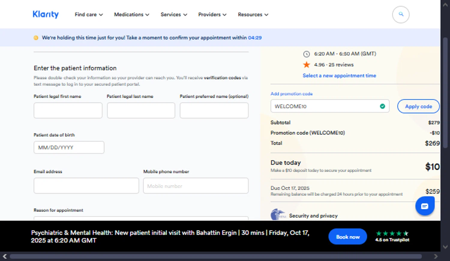 Klarity Health coupon code screenshot showing code WELCOME10 applied at Klarity Health checkout page. Uploaded by SimplyCodes community member TraxoGamer on Oct 17, 2025