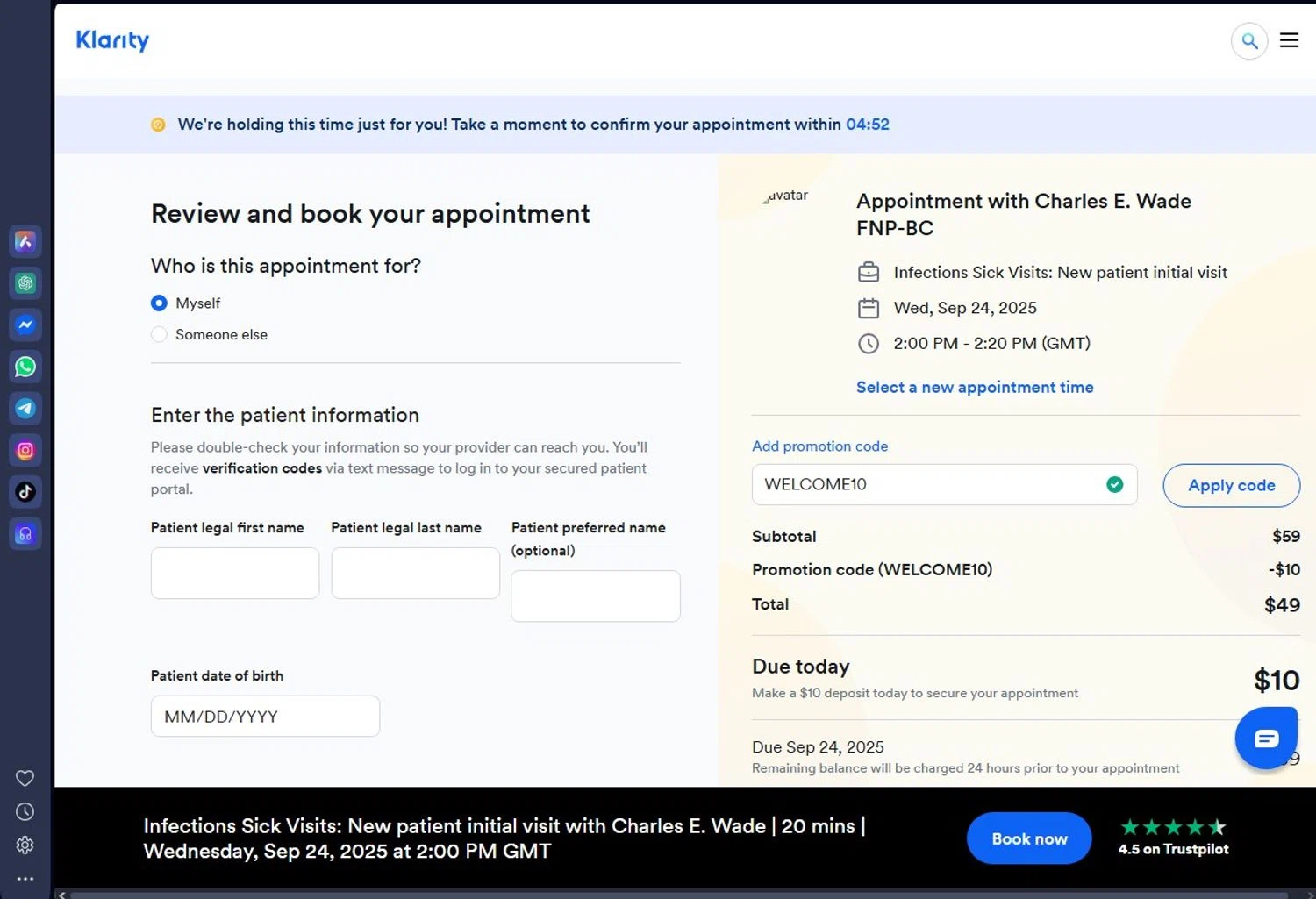 Klarity Health coupon code screenshot showing code WELCOME10 applied at Klarity Health checkout page. Uploaded by SimplyCodes community member andrescarreraborges on Sep 24, 2025