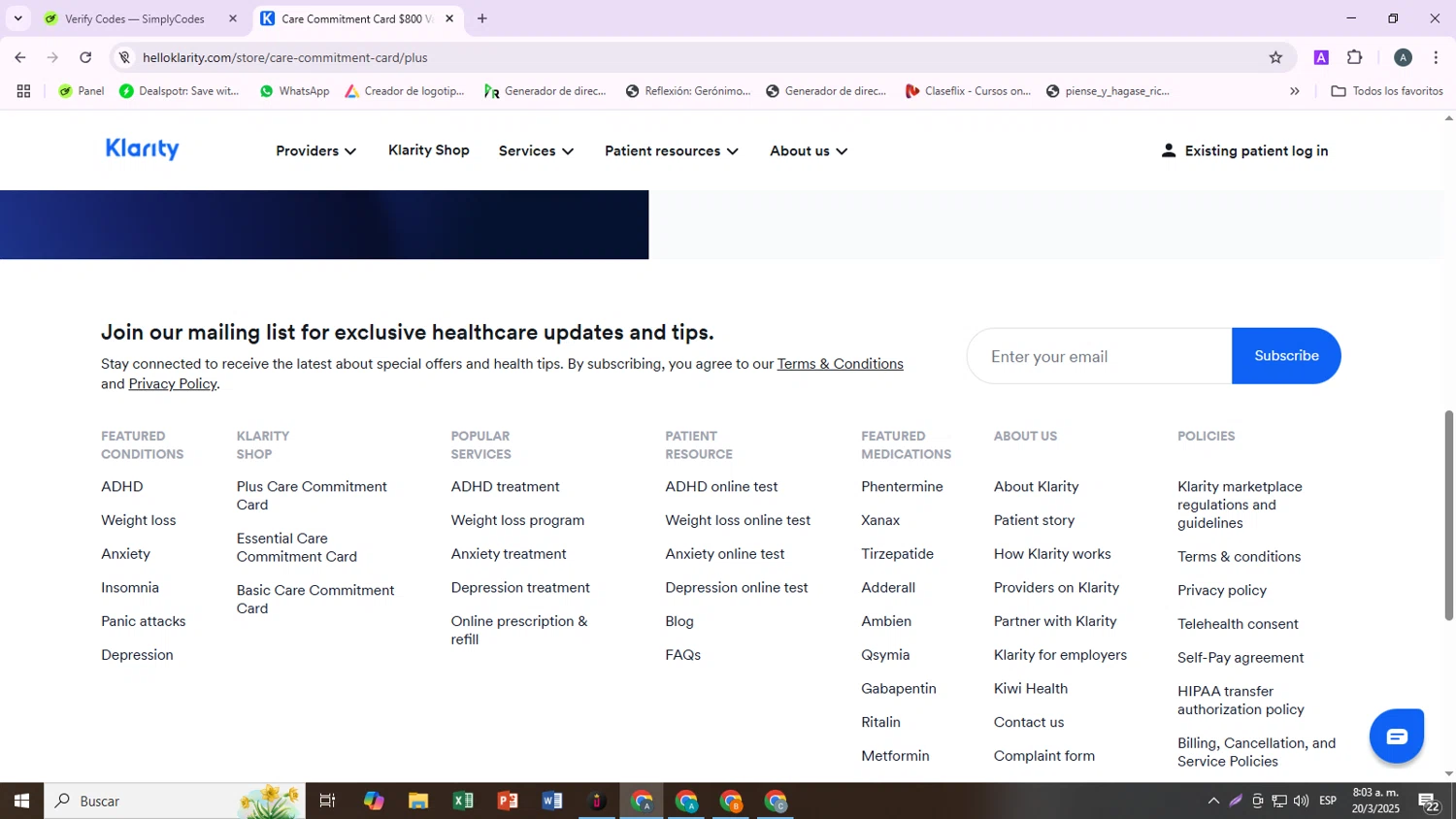 Klarity Health checkout page showing Klarity Health coupon code box | Screenshot taken by SimplyCodes community member on Mar 20, 2025