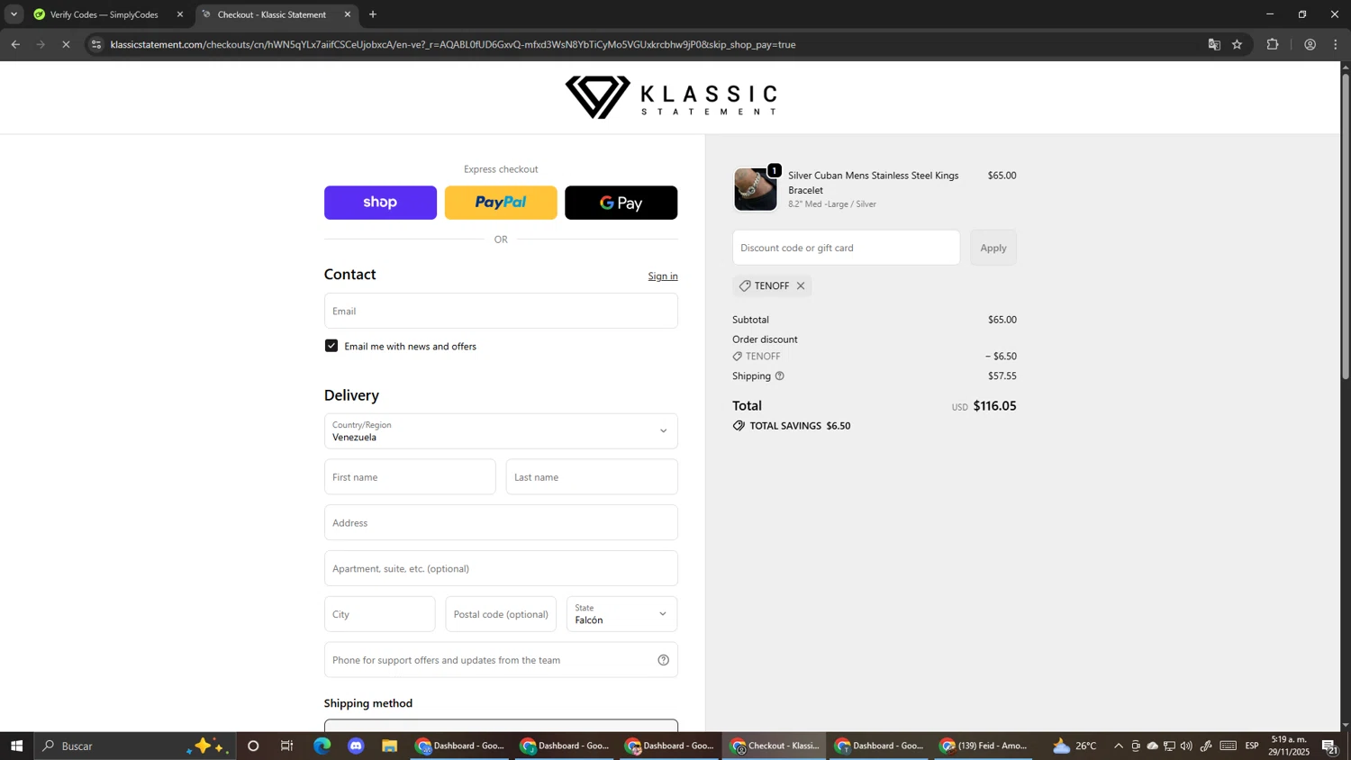 Klassic Statement promo code screenshot showing code TENOFF applied at Klassic Statement checkout page. Uploaded by SimplyCodes community member Pirlo420 on Nov 29, 2025