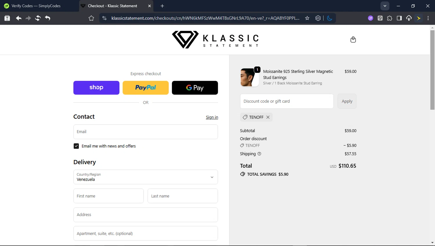 Klassic Statement promo code screenshot showing code TENOFF applied at Klassic Statement checkout page. Uploaded by SimplyCodes community member userrandon on Dec 23, 2025