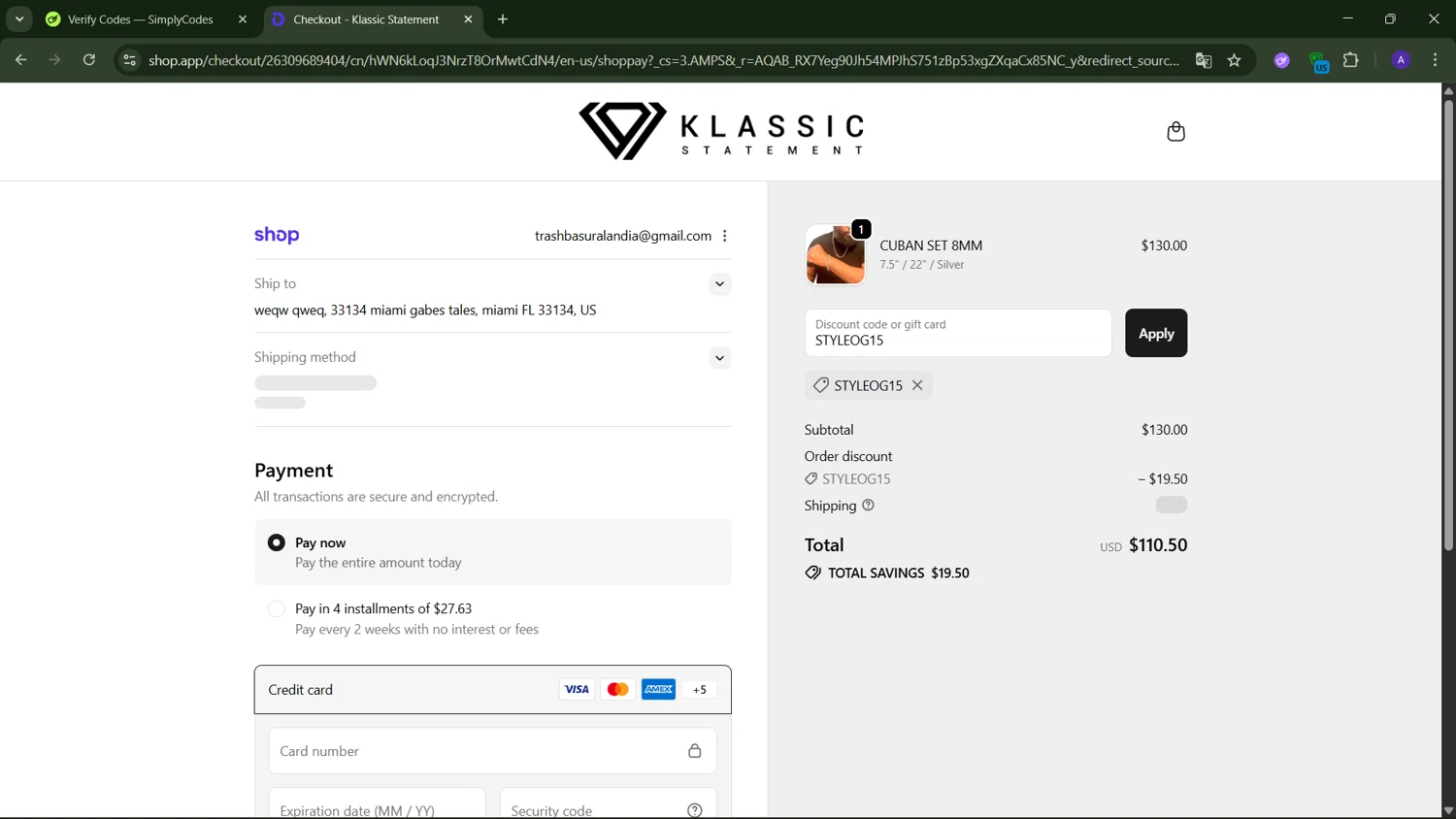 Klassic Statement promo code screenshot showing code STYLEOG15 applied at Klassic Statement checkout page. Uploaded by SimplyCodes community member Lanzaa on Dec 23, 2025