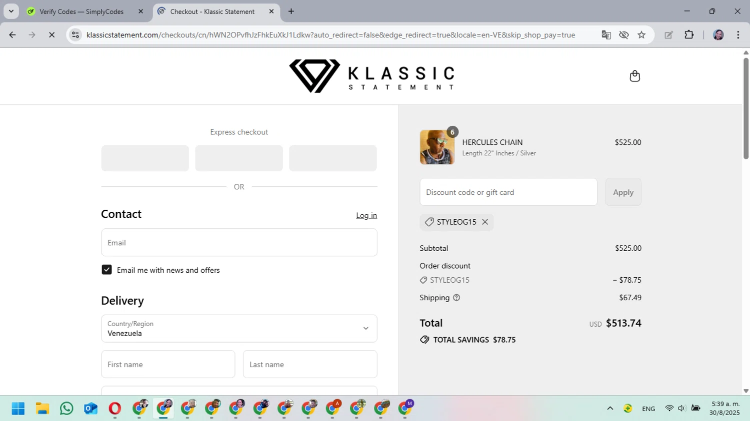 Klassic Statement promo code screenshot showing code STYLEOG15 applied at Klassic Statement checkout page. Uploaded by SimplyCodes community member MarielisPb on Aug 30, 2025