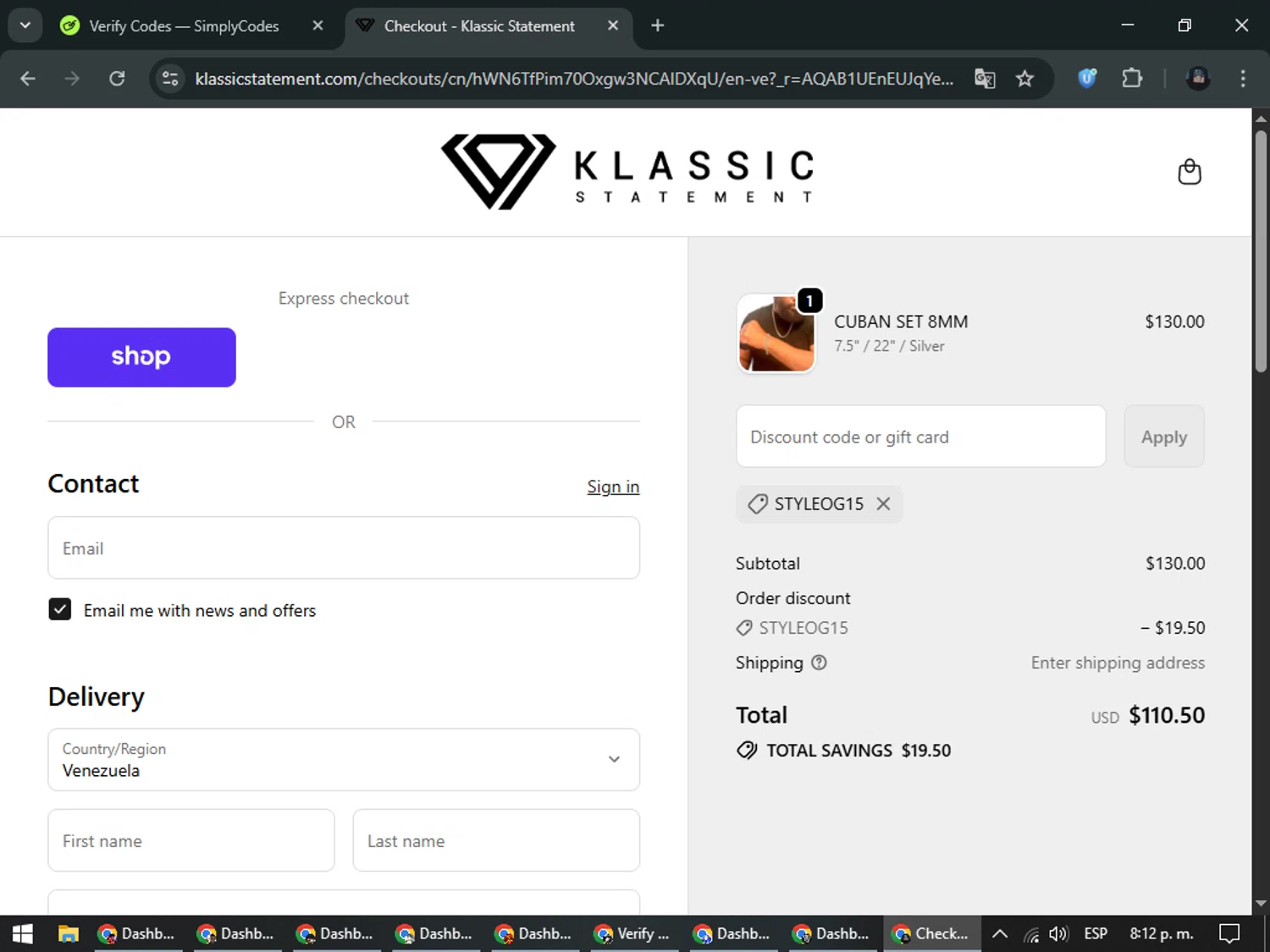 Klassic Statement promo code screenshot showing code STYLEOG15 applied at Klassic Statement checkout page. Uploaded by SimplyCodes community member ValueElite5945 on Dec 16, 2025
