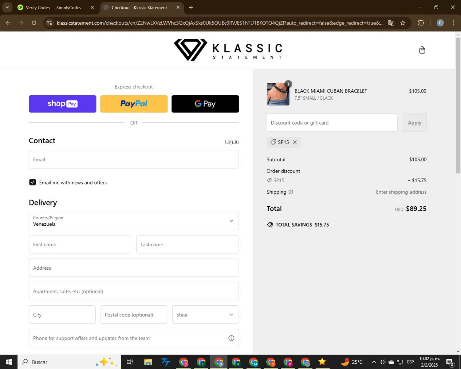 Klassic Statement promo code screenshot showing code SP15 applied at Klassic Statement checkout page. Uploaded by SimplyCodes community member CodeVoyager5621 on Feb 3, 2025