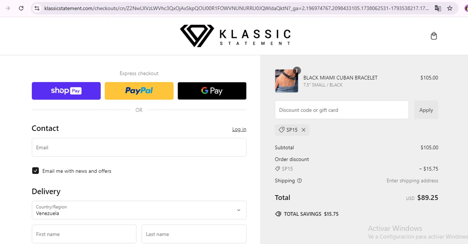 Klassic Statement promo code screenshot showing code SP15 applied at Klassic Statement checkout page. Uploaded by SimplyCodes community member VictoriousFox7135 on Jan 28, 2025