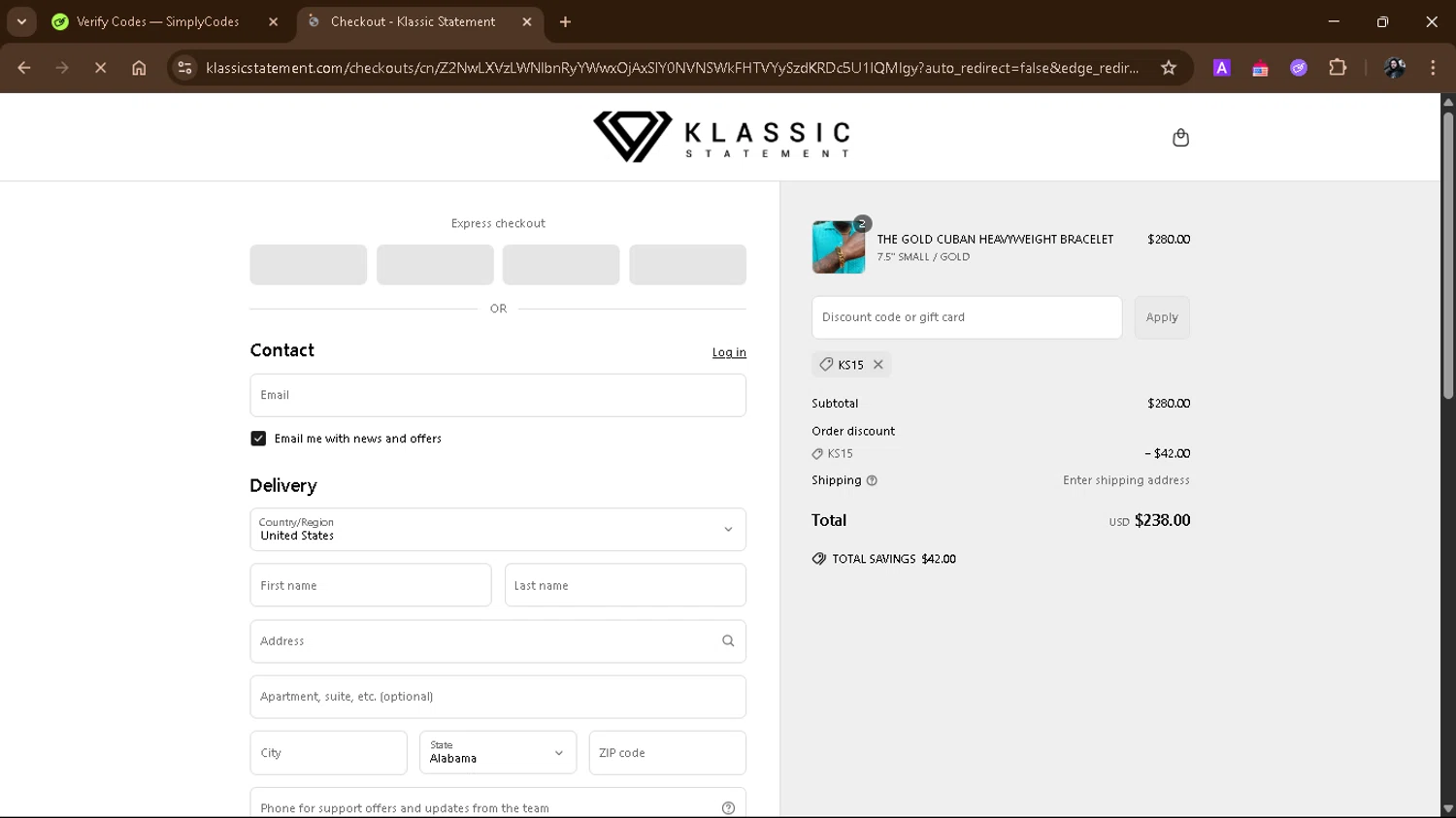 Klassic Statement promo code screenshot showing code Ks15 applied at Klassic Statement checkout page. Uploaded by SimplyCodes community member JonSnow on May 13, 2025