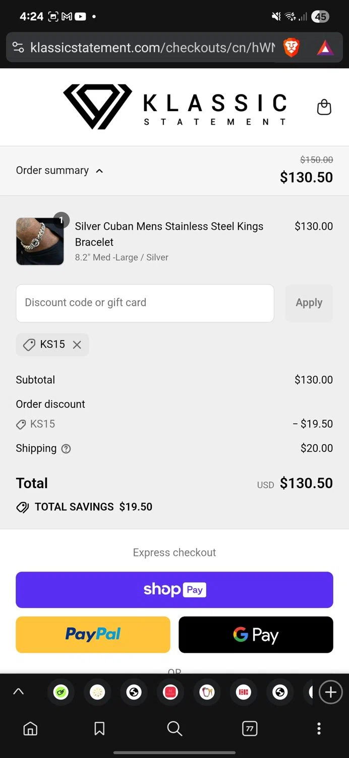 Klassic Statement promo code screenshot showing code Ks15 applied at Klassic Statement checkout page. Uploaded by SimplyCodes community member conorgrey on Aug 26, 2025