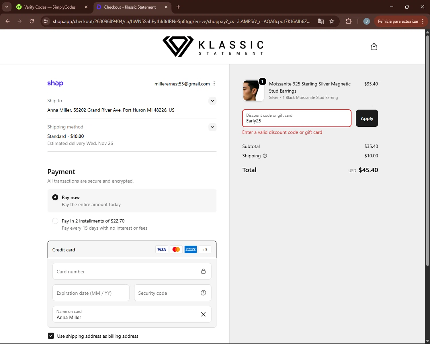 Klassic Statement promo code screenshot showing code Early25 applied at Klassic Statement checkout page. Uploaded by SimplyCodes community member BonusGuardian249 on Nov 19, 2025