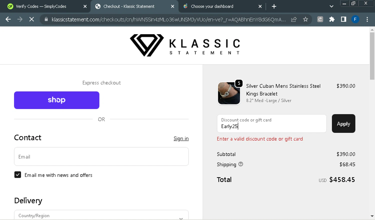 Klassic Statement promo code screenshot showing code Early25 applied at Klassic Statement checkout page. Uploaded by SimplyCodes community member Fraimer on Nov 19, 2025