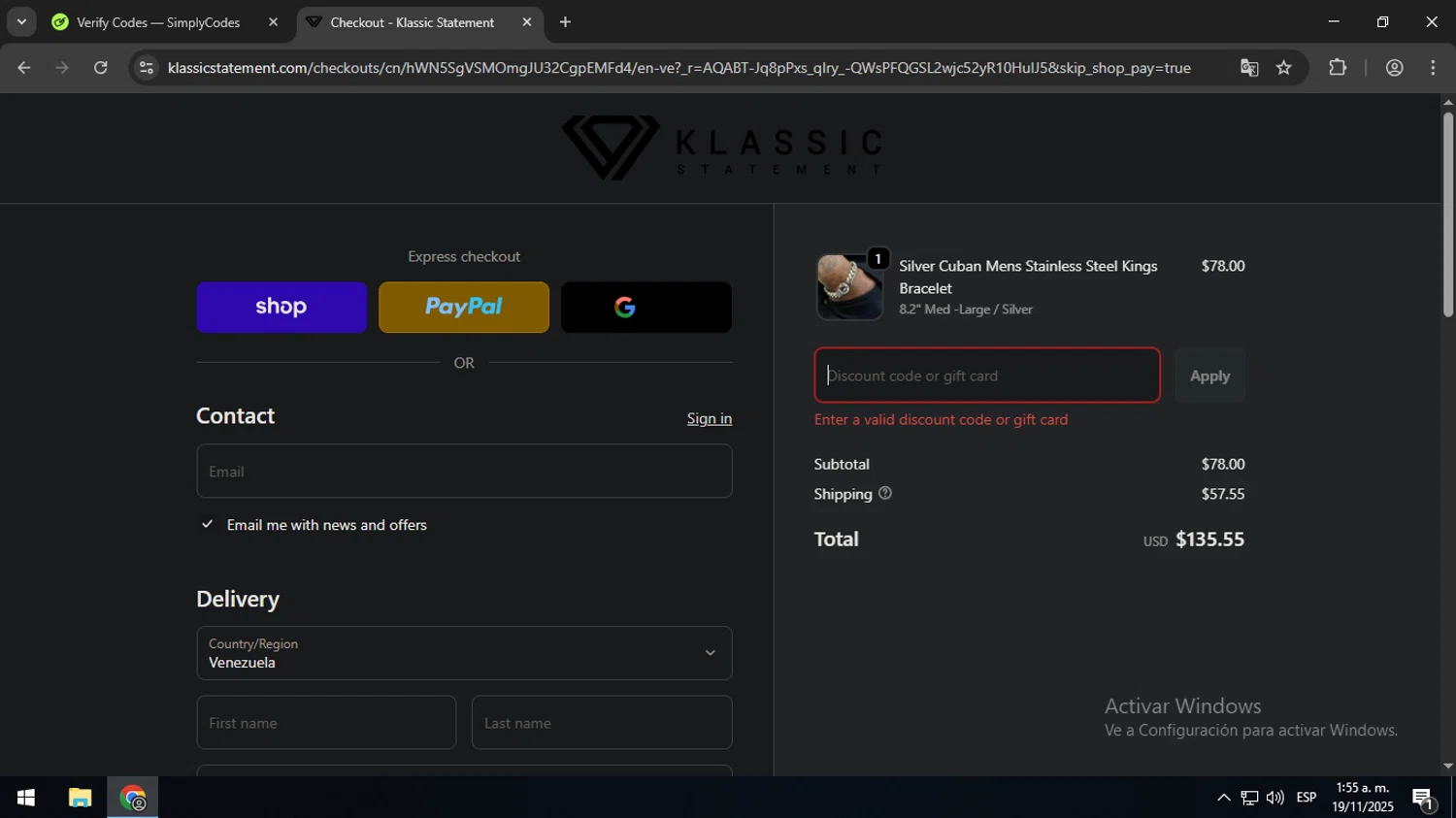 Klassic Statement promo code screenshot showing code Early25 applied at Klassic Statement checkout page. Uploaded by SimplyCodes community member SavingsMaven1223 on Nov 19, 2025