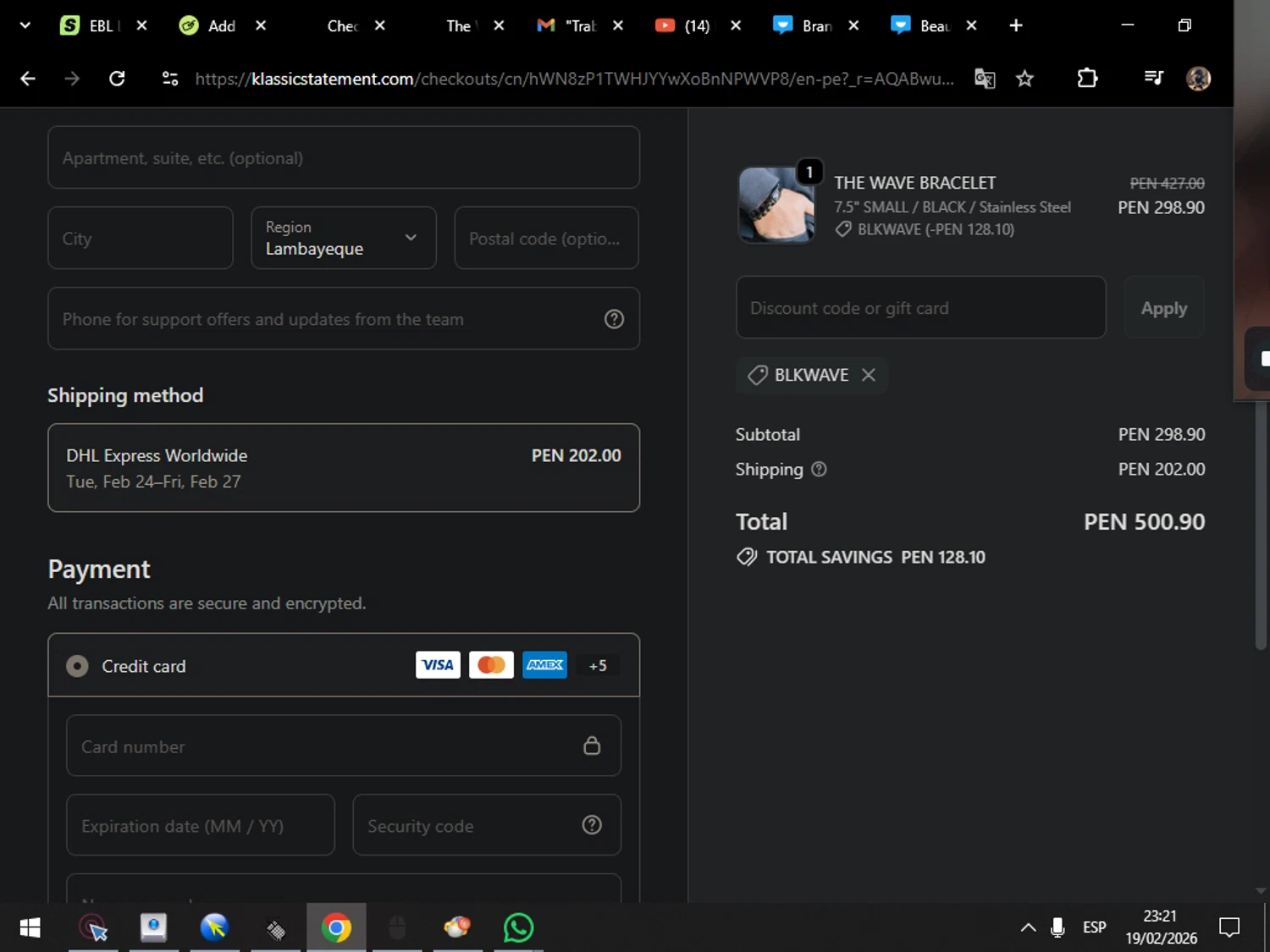 Klassic Statement promo code screenshot showing code BLKWAVE applied at Klassic Statement checkout page. Uploaded by SimplyCodes community member MarcosAranguren on Feb 20, 2026