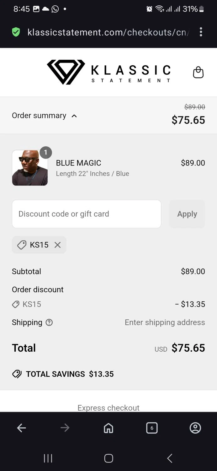 Klassic Statement promo code screenshot showing code Ks15 applied at Klassic Statement checkout page. Uploaded by SimplyCodes community member vida5254427716958 on Apr 27, 2025