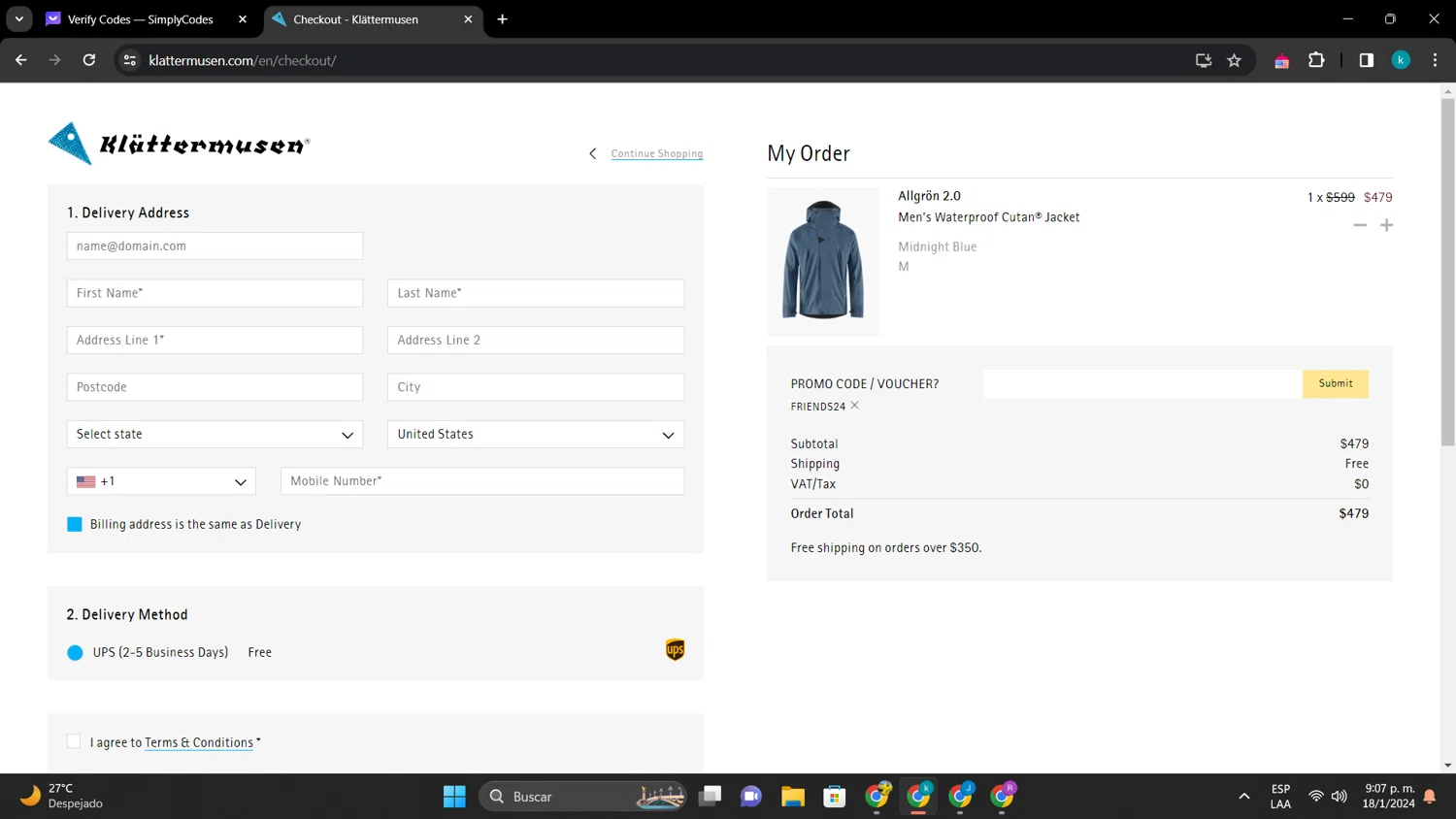 Klattermusen checkout page showing Klattermusen promo code box | Screenshot taken by SimplyCodes community member on Jan 19, 2024
