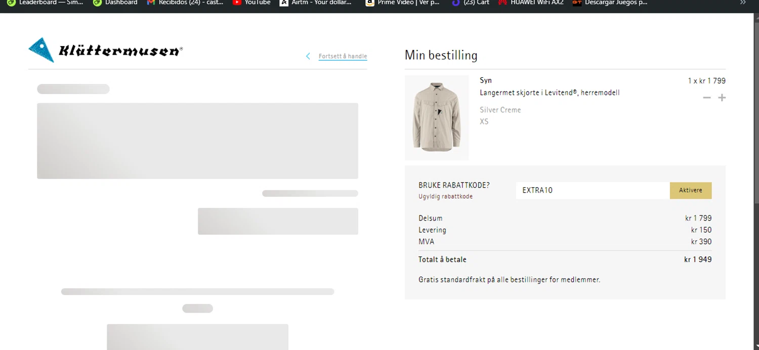Klattermusen checkout page showing Klattermusen promo code box | Screenshot taken by SimplyCodes community member on Aug 18, 2024