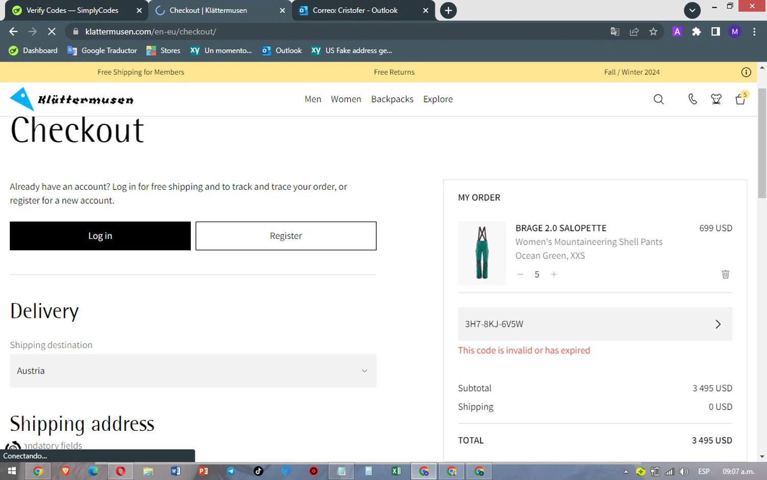 Klattermusen promo code screenshot showing code 3H7-8KJ-6V5W applied at Klattermusen checkout page. Uploaded by SimplyCodes community member MarielisPb on Jan 4, 2025