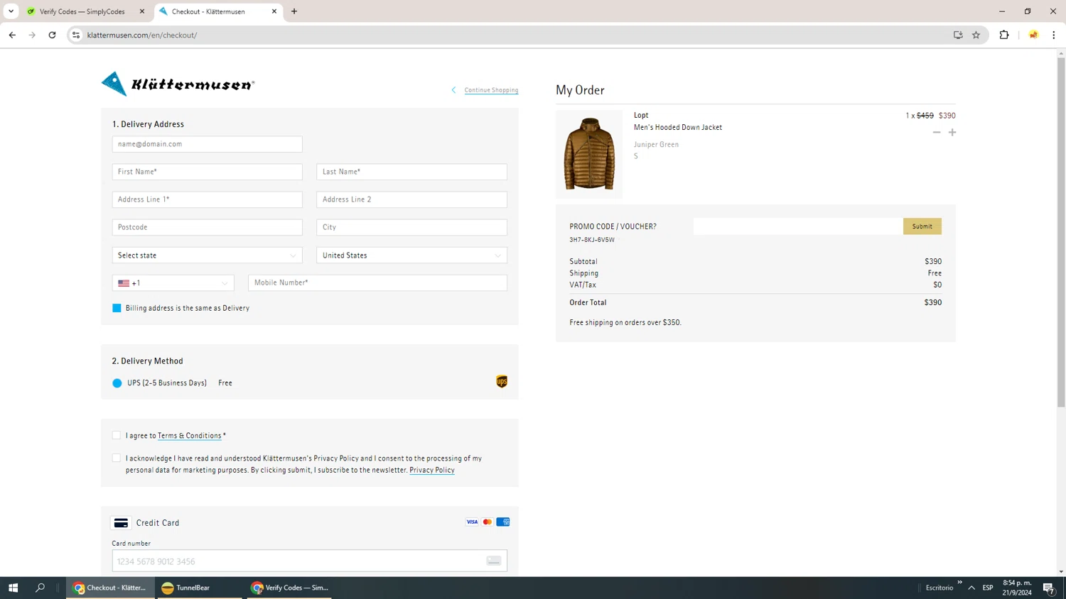 Klattermusen checkout page showing Klattermusen promo code box | Screenshot taken by SimplyCodes community member on Sep 22, 2024