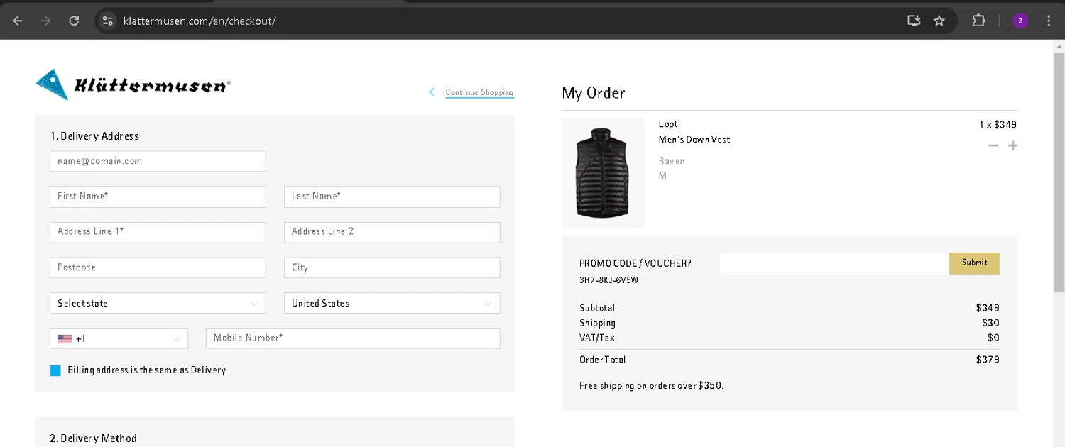 Klattermusen checkout page showing Klattermusen promo code box | Screenshot taken by SimplyCodes community member on Sep 14, 2024