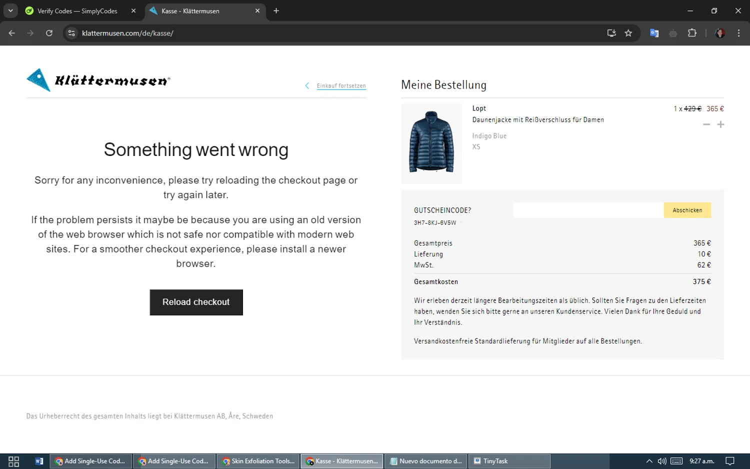 Klattermusen checkout page showing Klattermusen promo code box | Screenshot taken by SimplyCodes community member on Oct 20, 2024