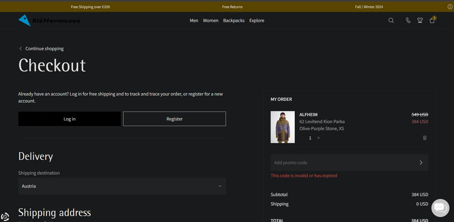 Klattermusen promo code screenshot showing code 10EXTRA applied at Klattermusen checkout page. Uploaded by SimplyCodes community member Ray_YNN on Jan 5, 2025