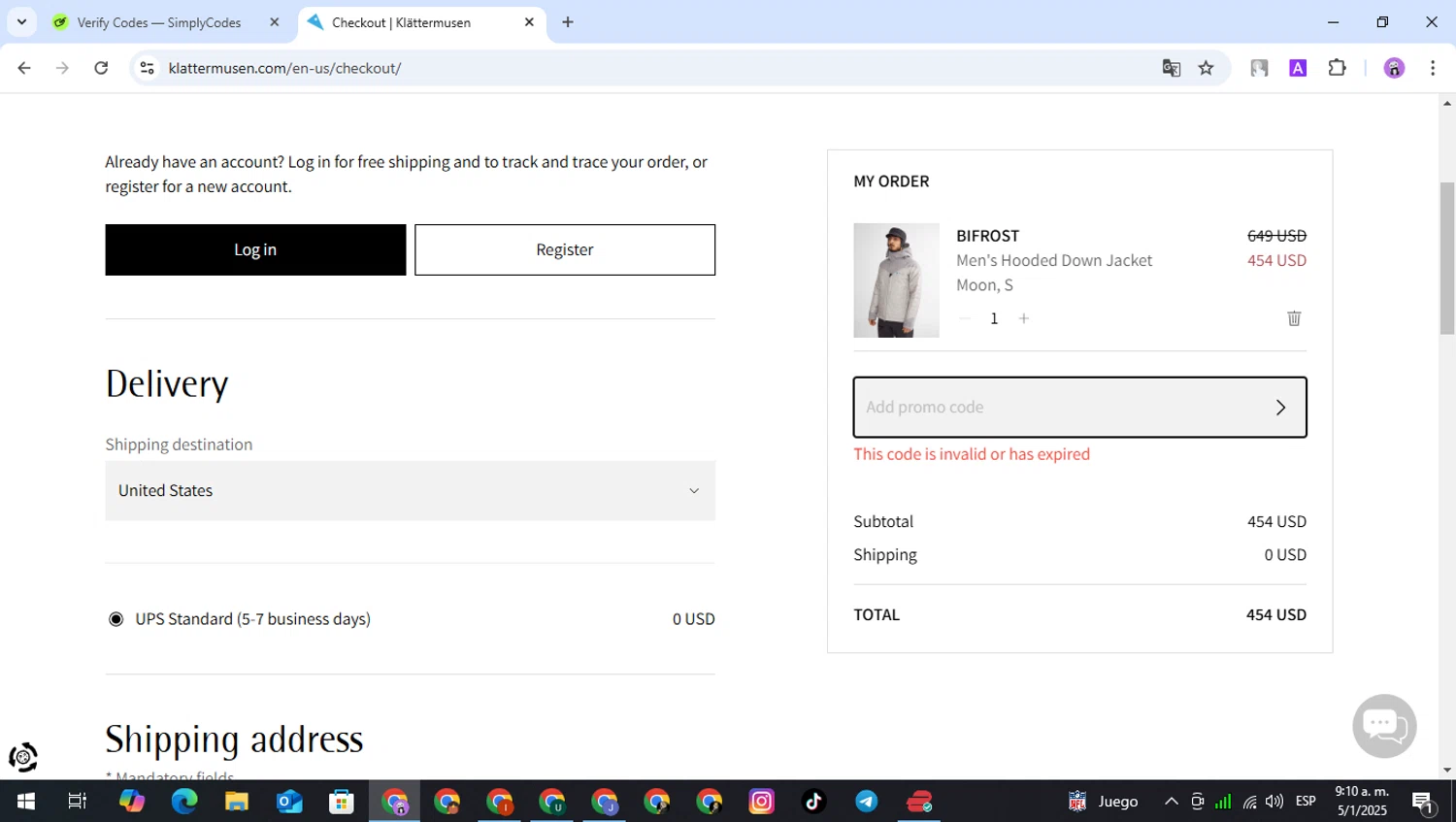 Klattermusen promo code screenshot showing code 10EXTRA applied at Klattermusen checkout page. Uploaded by SimplyCodes community member RewardPro2234 on Jan 5, 2025