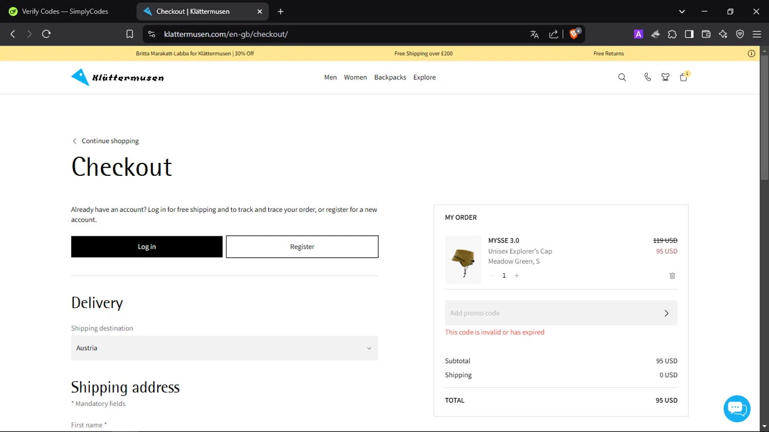 Klattermusen promo code screenshot showing code 10EXTRA applied at Klattermusen checkout page. Uploaded by SimplyCodes community member SmartScholar9589 on Mar 4, 2025